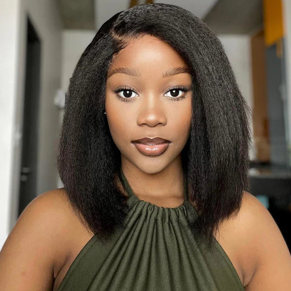 Atikual Wear Go Glueless Wigs Pre Cut Lace Kinky Straight 7x5 HD Lace Closure Bob Wigs 100% Human Hair