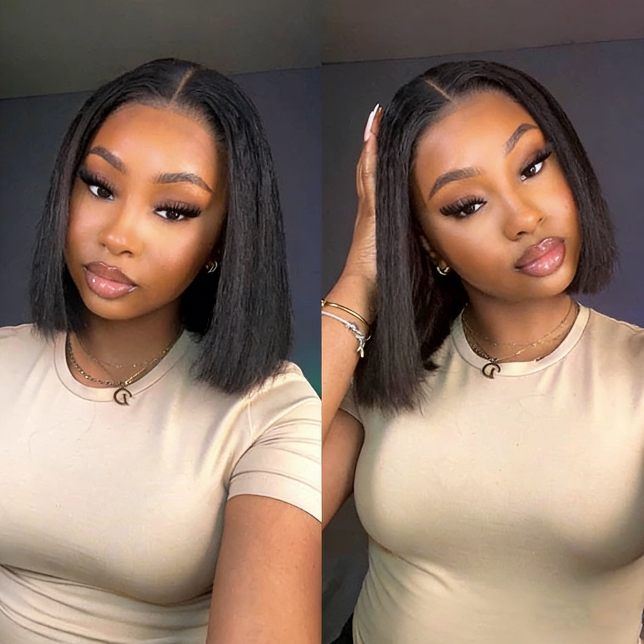 Atikual Wear Go Glueless Wigs Pre Cut Lace Kinky Straight 7x5 HD Lace Closure Bob Wigs 100% Human Hair