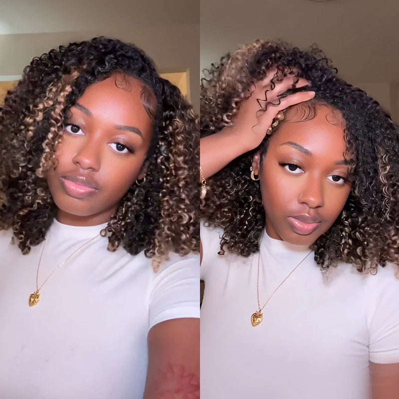 Atikual Wear Go Half Wig 1B/27 Highlight Kinky Curly Half Wig InvisiFit Strap Flip Over Wig Human Hair