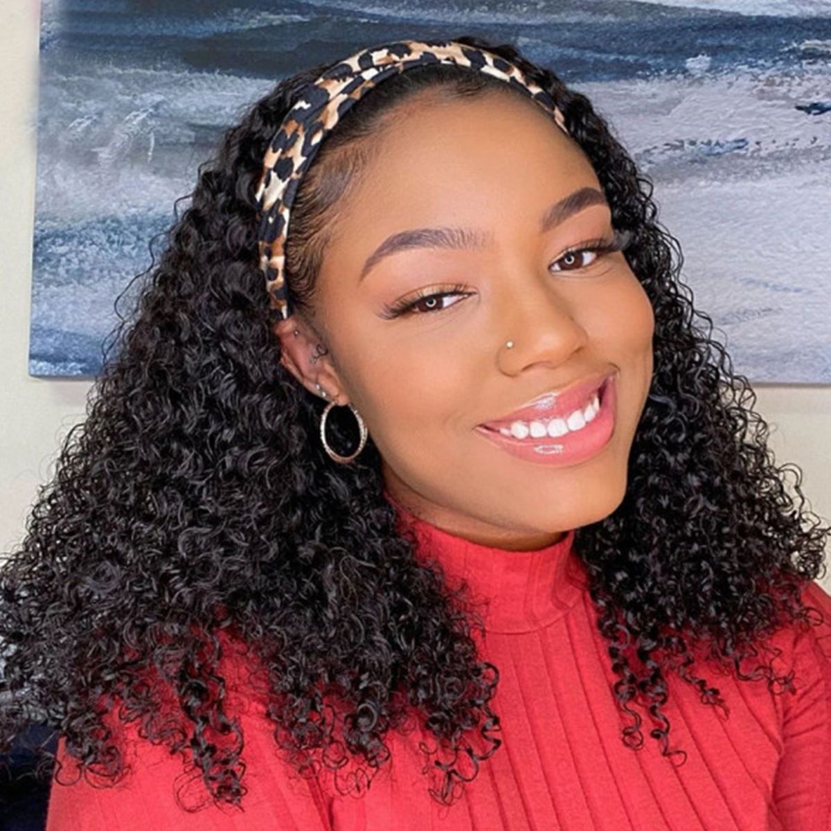 Atikual Kinky Curly Headband Wig, Shoulder Length Natural Look Wig