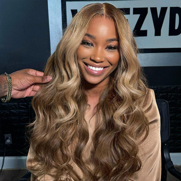 Atikual HAIR Ash Blonde Honey Highlight Color Body Wave Pre-Cut 7x5 Lace Wig Pre Plucked Wear Go Glueless Wig Human Hair