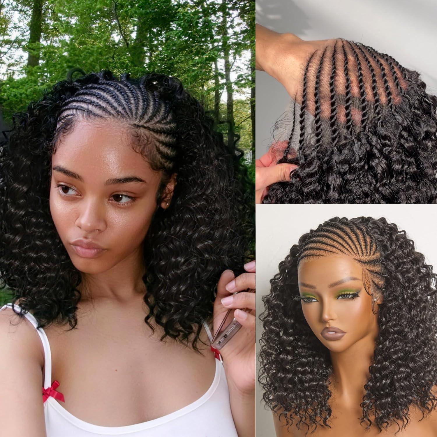 Atikual human hair 13×6 Braided Cornrow Wig —Water Wave Lace Front Wig for Black Women Pre-Cut Lace Wig Natural Look Beginner Friendly