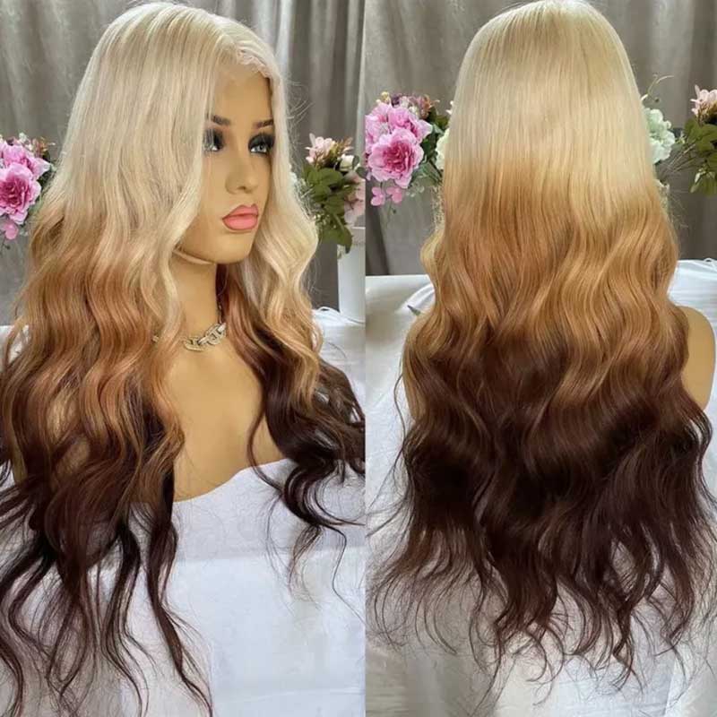 Atikual Ombre 613 Blonde Brown Body Wave Human Hair Wigs with Bangs for Women
