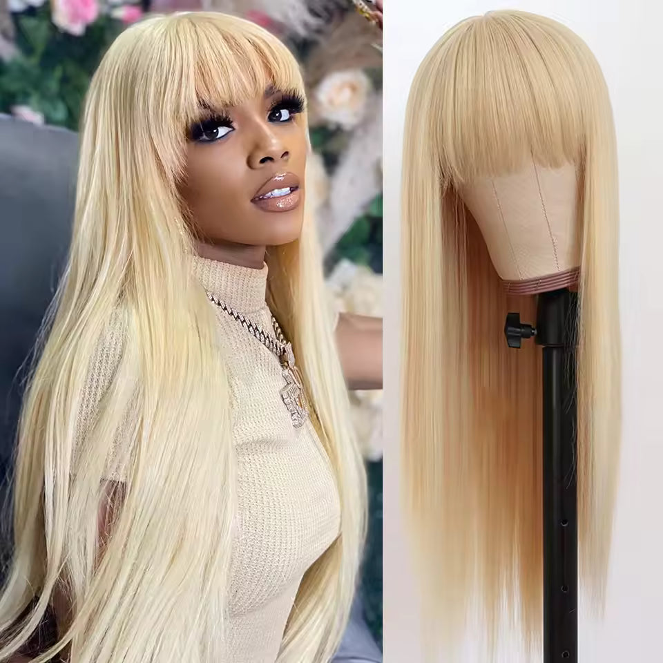 Atikual 613 Blonde Straight Top Lace Wig With Bangs & Natural Color Straight Glueless Human Hair Wig