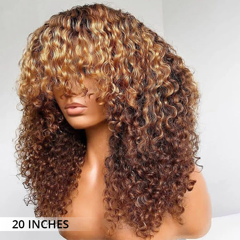 Atikual 300% Density Honey Blonde Highlight 13x4 Lace Front Jerry Curly Human Hair Wigs With Bangs