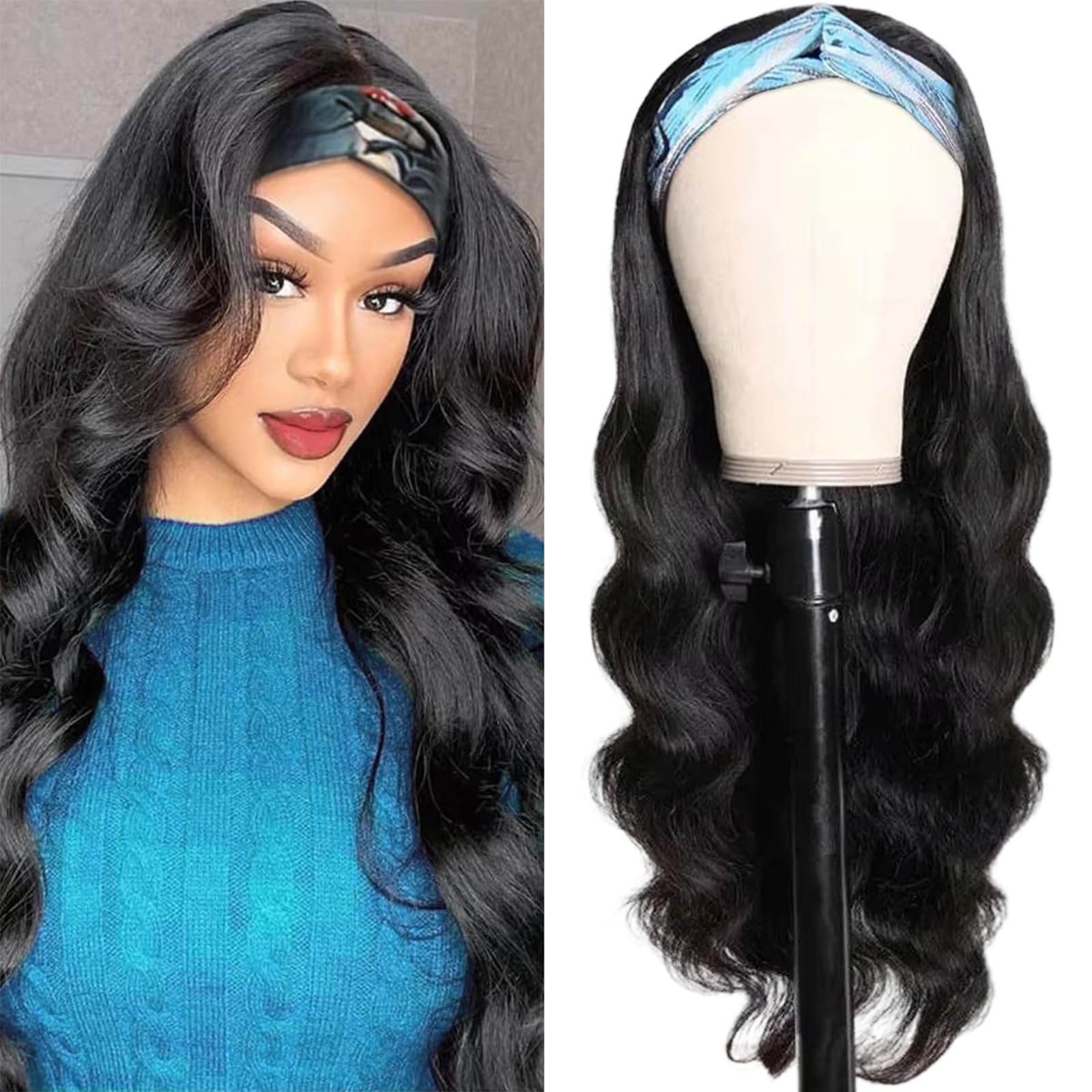 Atikual Body Wave Human Hair Headband Wigs No Glue No Gel Easy Install Half Wig
