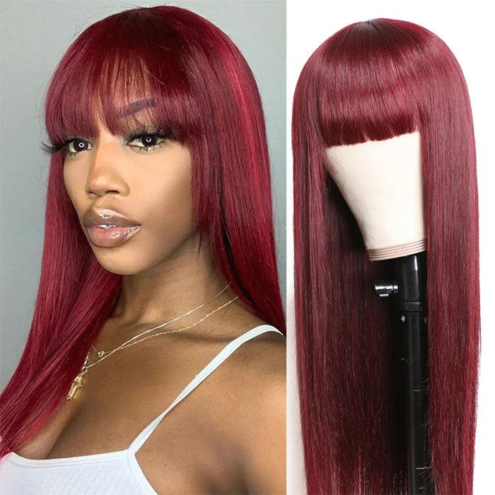 Atikual 99J Straight Wig With Bangs Silky Straight Glueless Human Hair Wig Natural Hairline