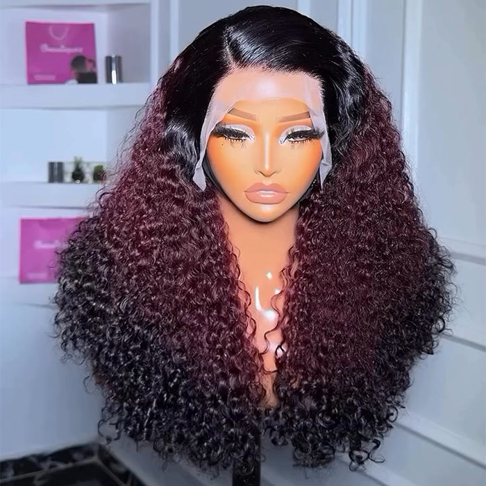 Atikual 300% Density Ombre 99J Burgundy Curly Wigs Super Double Drawn Virgin Human Hair HD Transparent Lace Front Wigs Salon-Quality
