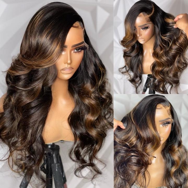 Atikual Balayage Brown Body Wave Glueless Transparent Lace Front Wig Highlight Color Pre Plucked Hairline 100% Human Hair Wigs