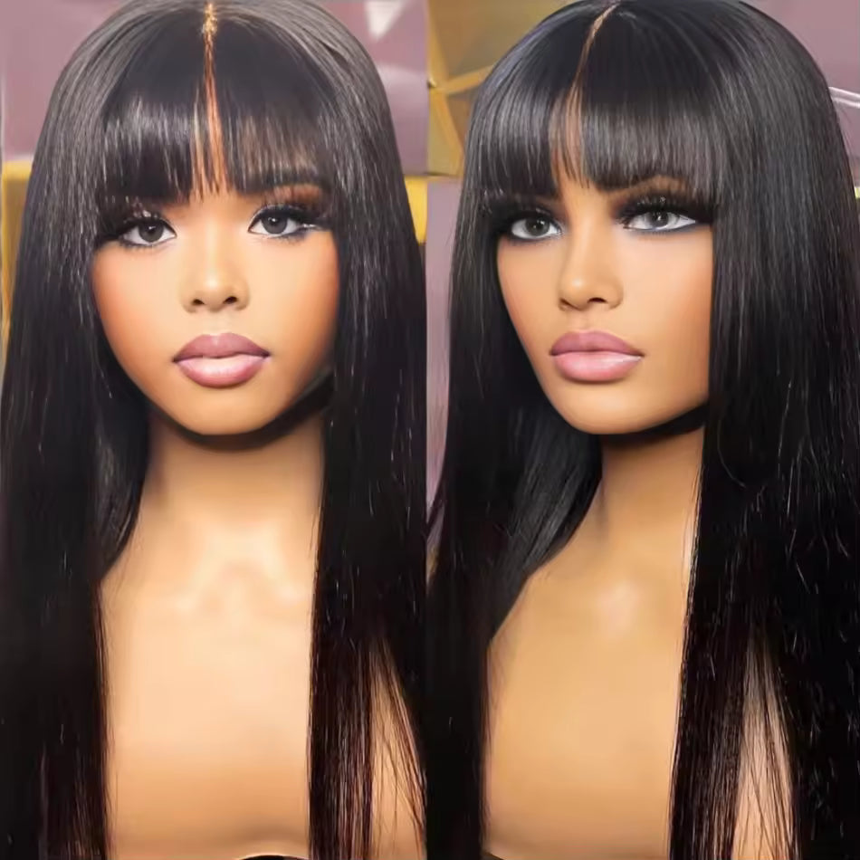 Atikual Glueless Straight Transparent Top Lace Wig Pre Bleached Human Hair Wigs With Bangs