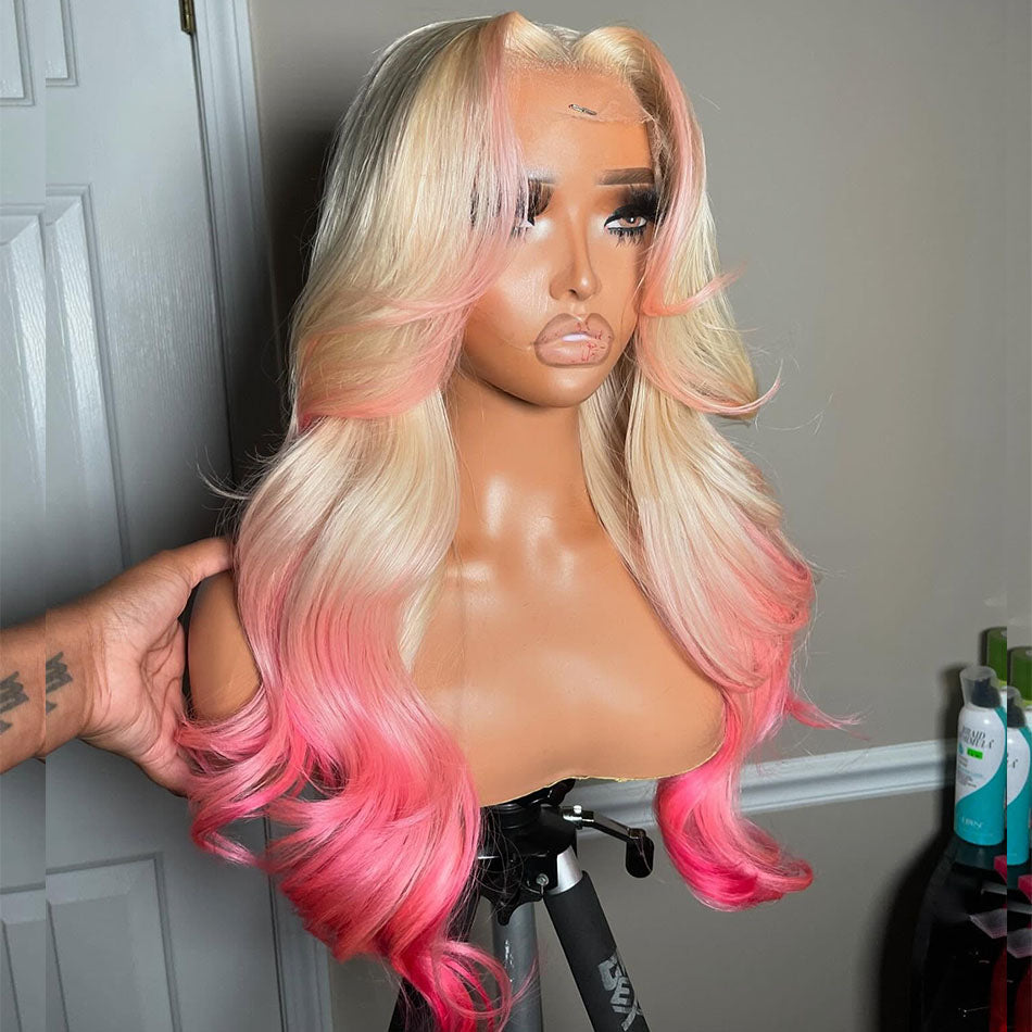 Atikual Professional Toned Ombre Pink 13x6 Lace Front Human Hair Body Wave Wig