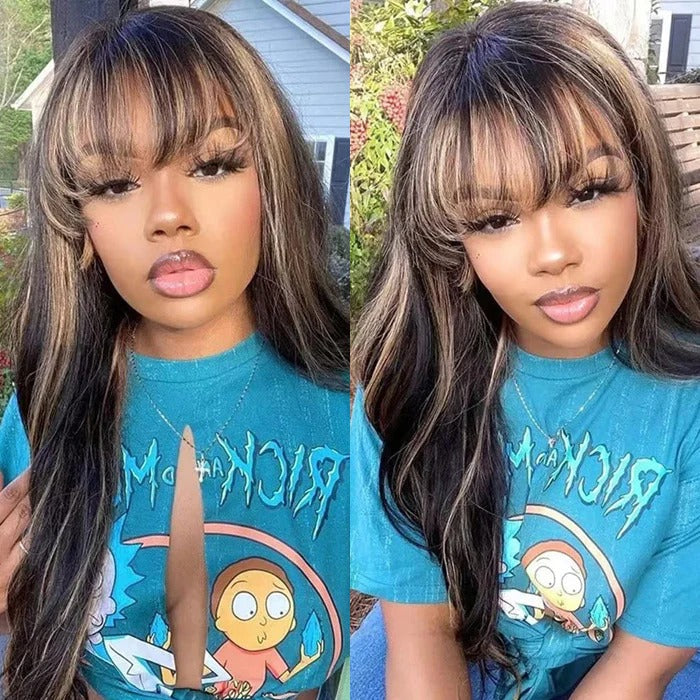 Atikual Water Wave Glueless Wig & Highlight Body Wave Wig With Bangs