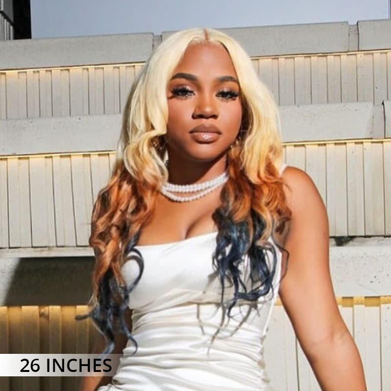 Atikual Ombre 613 Blonde Brown Body Wave Human Hair Wigs with Bangs for Women
