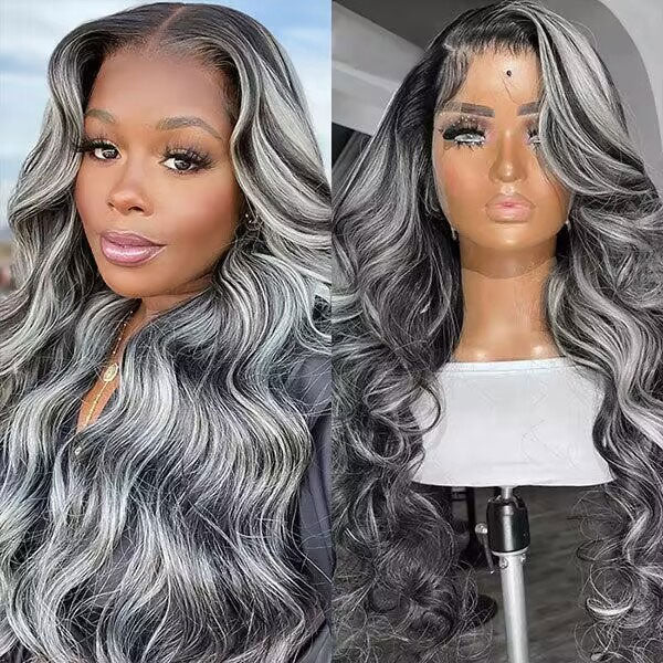 Atikual Grey Highlight With Black Color Body Wave 13x4 HD Lace Front Human Hair Wigs 180% Density