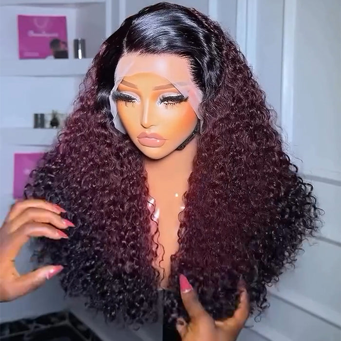 Atikual 300% Density Ombre 99J Burgundy Curly Wigs Super Double Drawn Virgin Human Hair HD Transparent Lace Front Wigs Salon-Quality