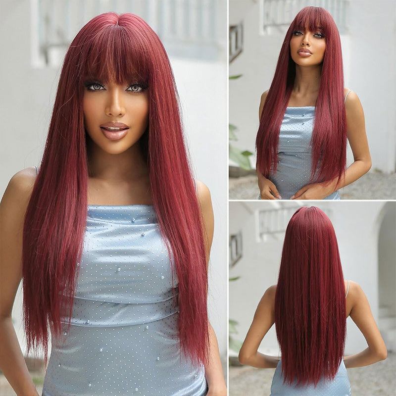 Atikual 99J Straight Wig With Bangs Silky Straight Glueless Human Hair Wig Natural Hairline
