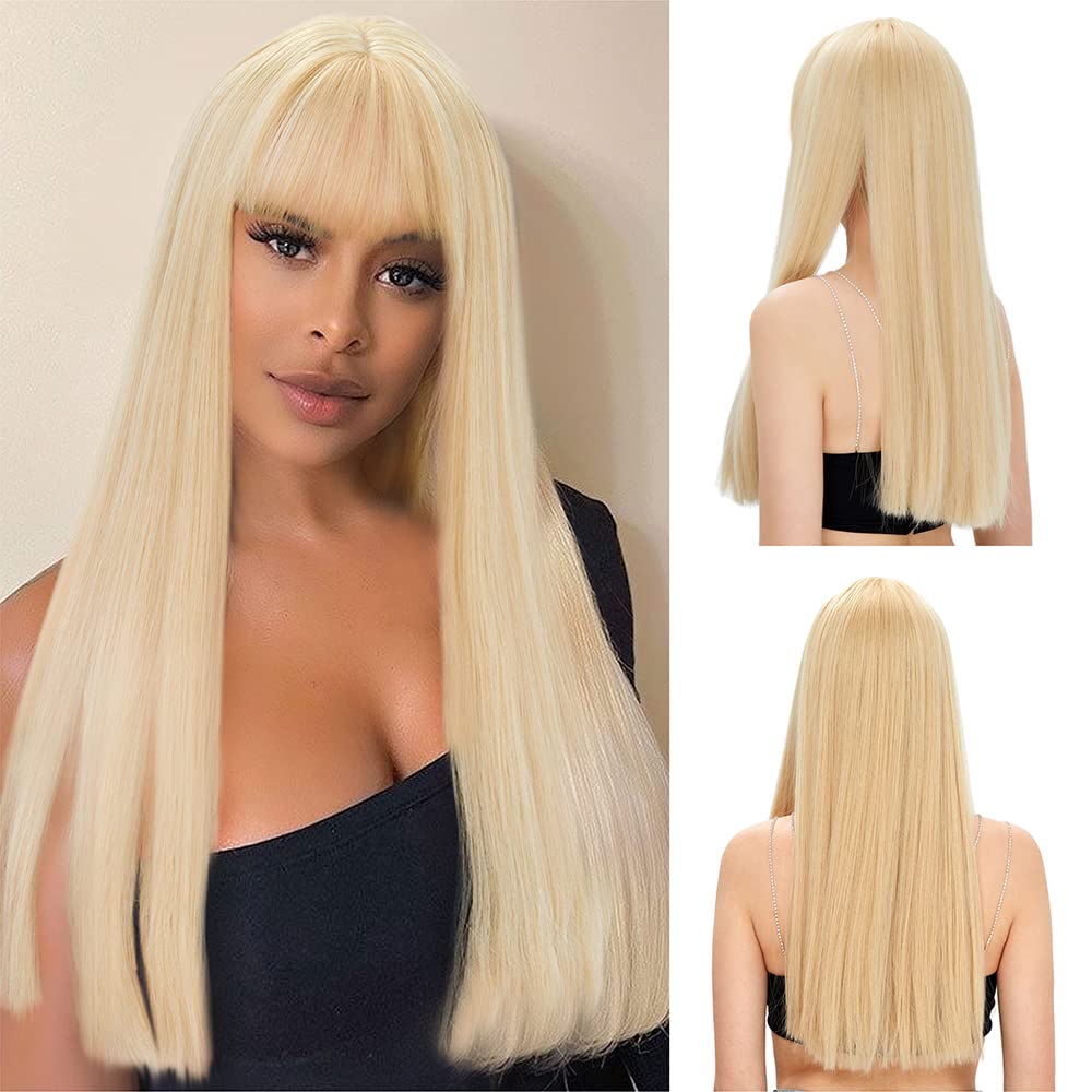 Atikual 613 Blonde Straight Top Lace Wig With Bangs & Natural Color Straight Glueless Human Hair Wig