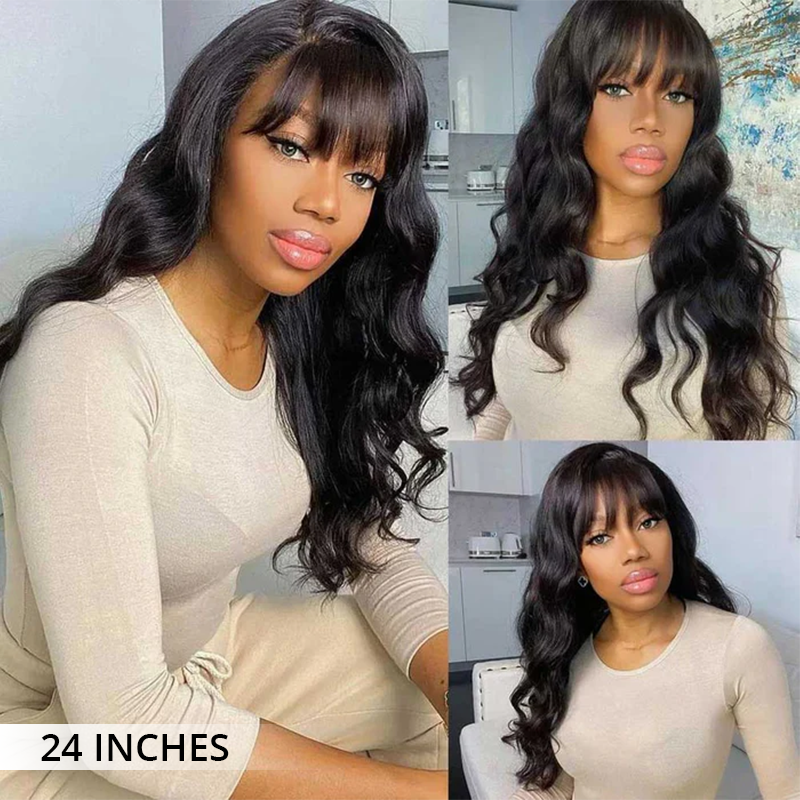 Atikual Ready To Go Glueless Body Wave Transparent Lace Top Human Hair Wig Pre Bleached with Bangs