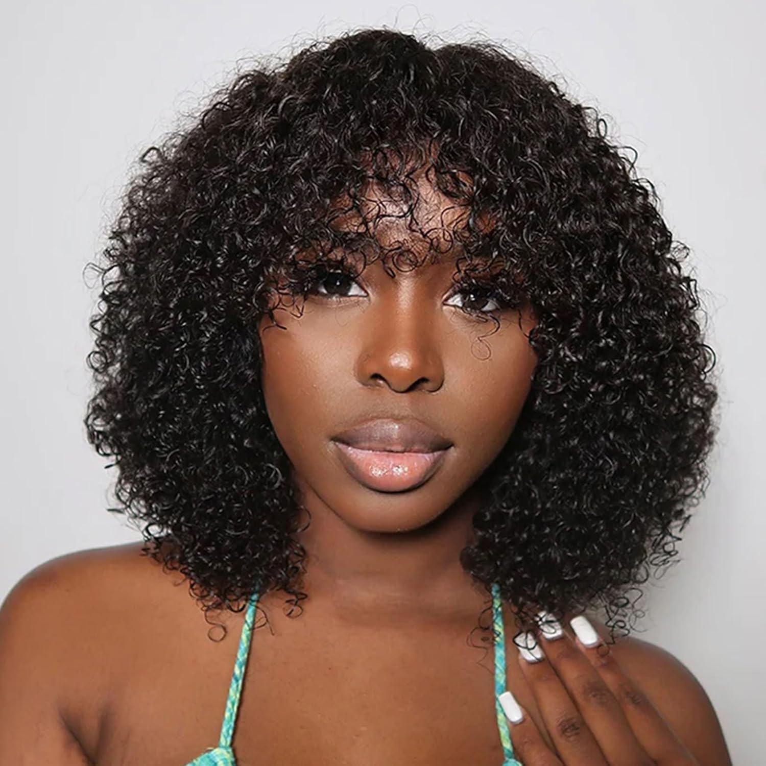 Atikual Put On To Go Jerry Curly Short Bob Glueless No Lace 100% Human Hair Wigs With Bangs