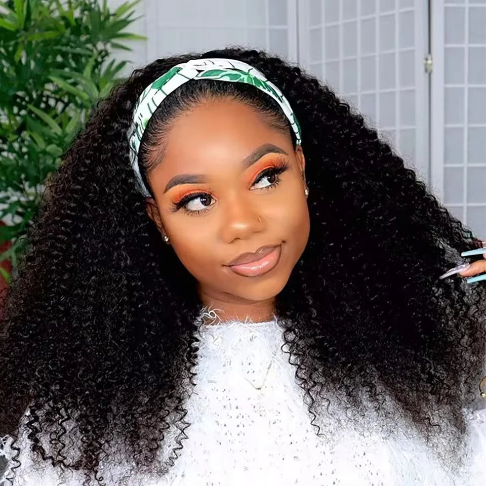Atikual Kinky Curly Headband Wig, Shoulder Length Natural Look Wig