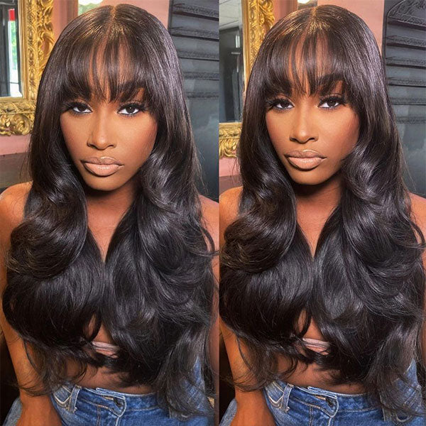 Atikual Throw & Go Body Wave Wig With Bangs Cost-Effective Human Hair Wig