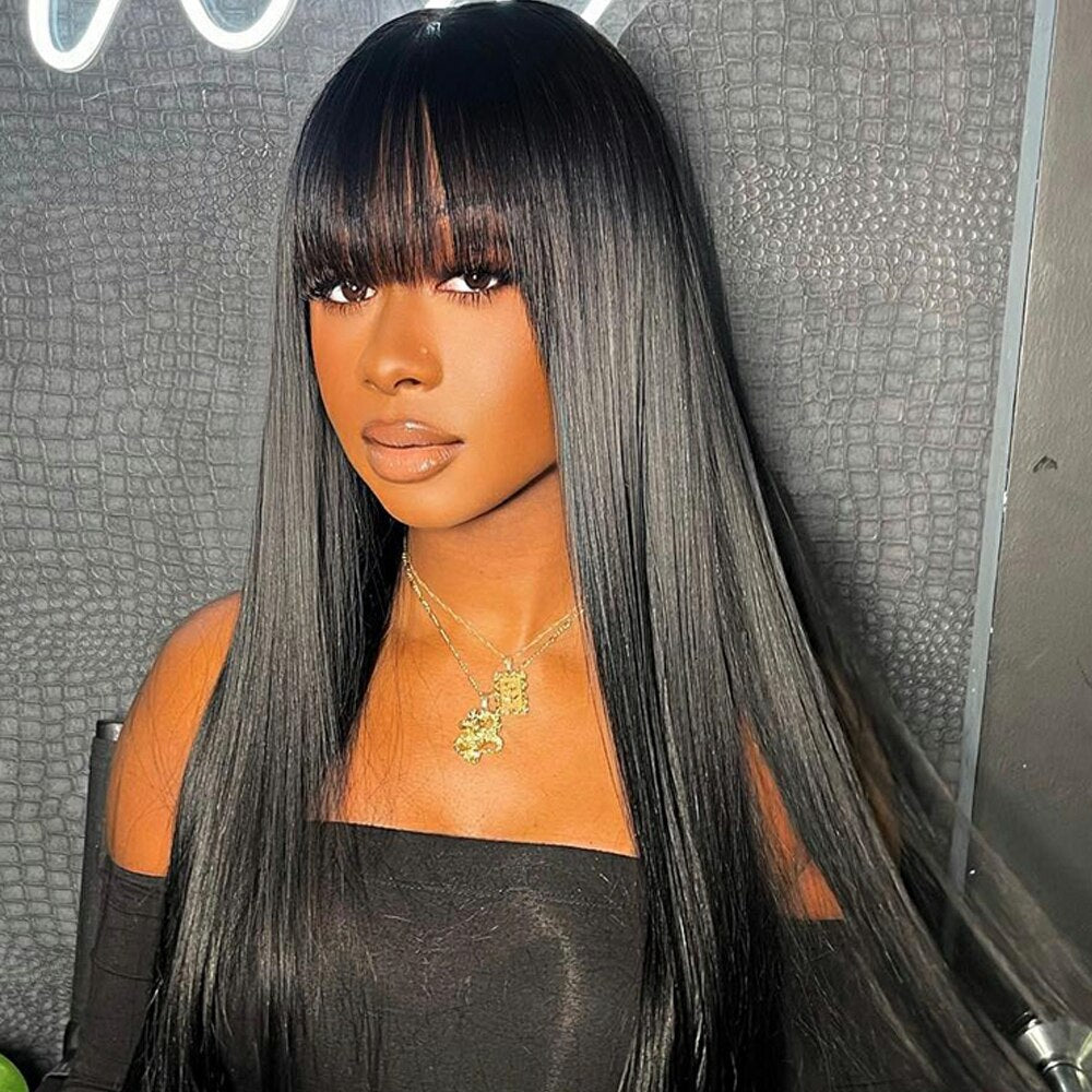 Atikual Glueless Straight Transparent Top Lace Wig Pre Bleached Human Hair Wigs With Bangs