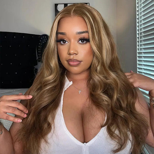 Atikual HAIR Ash Blonde Honey Highlight Color Body Wave Pre-Cut 7x5 Lace Wig Pre Plucked Wear Go Glueless Wig Human Hair