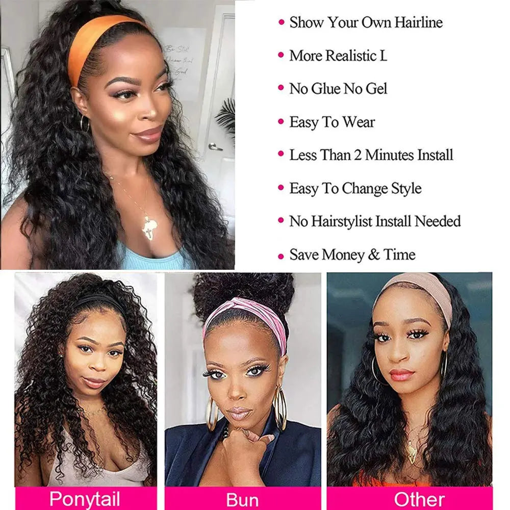 Atikual Deep Wave Headband Wig Glueless Human Hair Wigs No Glue No Gel