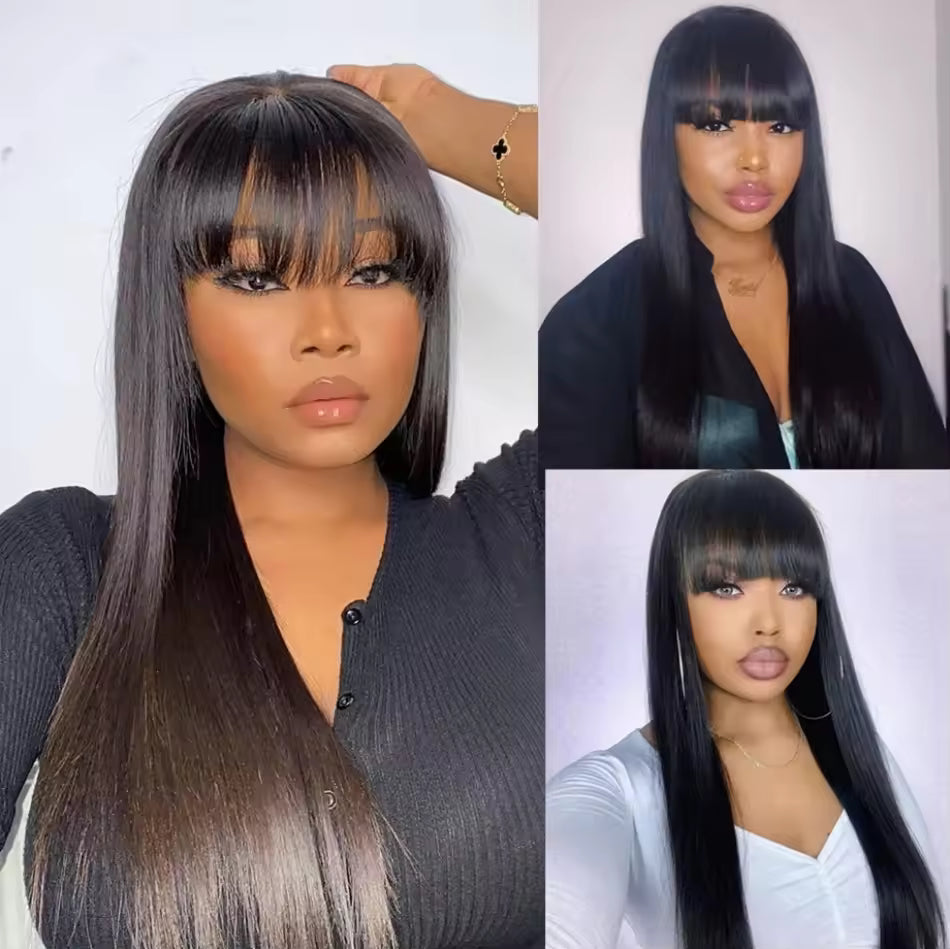 Atikual Glueless Straight Transparent Top Lace Wig Pre Bleached Human Hair Wigs With Bangs