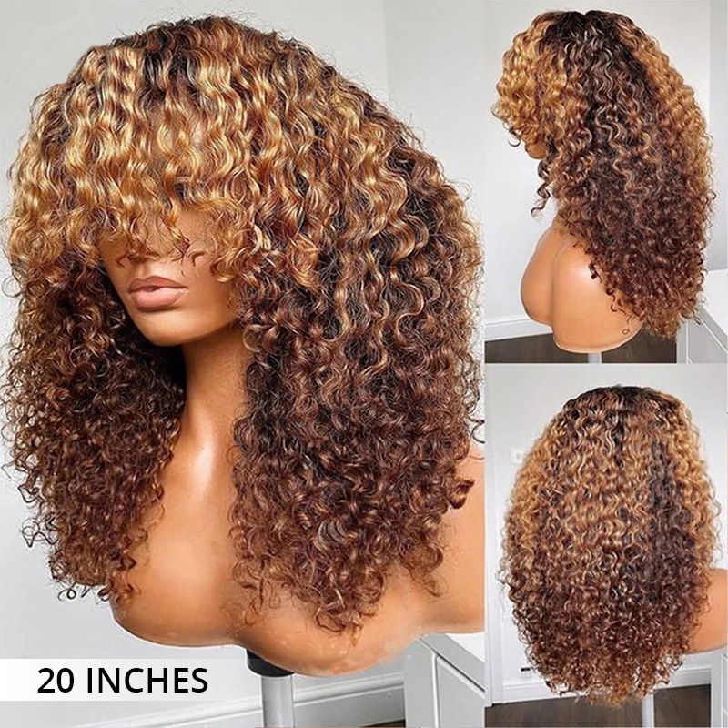Atikual 300% Density Honey Blonde Highlight 13x4 Lace Front Jerry Curly Human Hair Wigs With Bangs