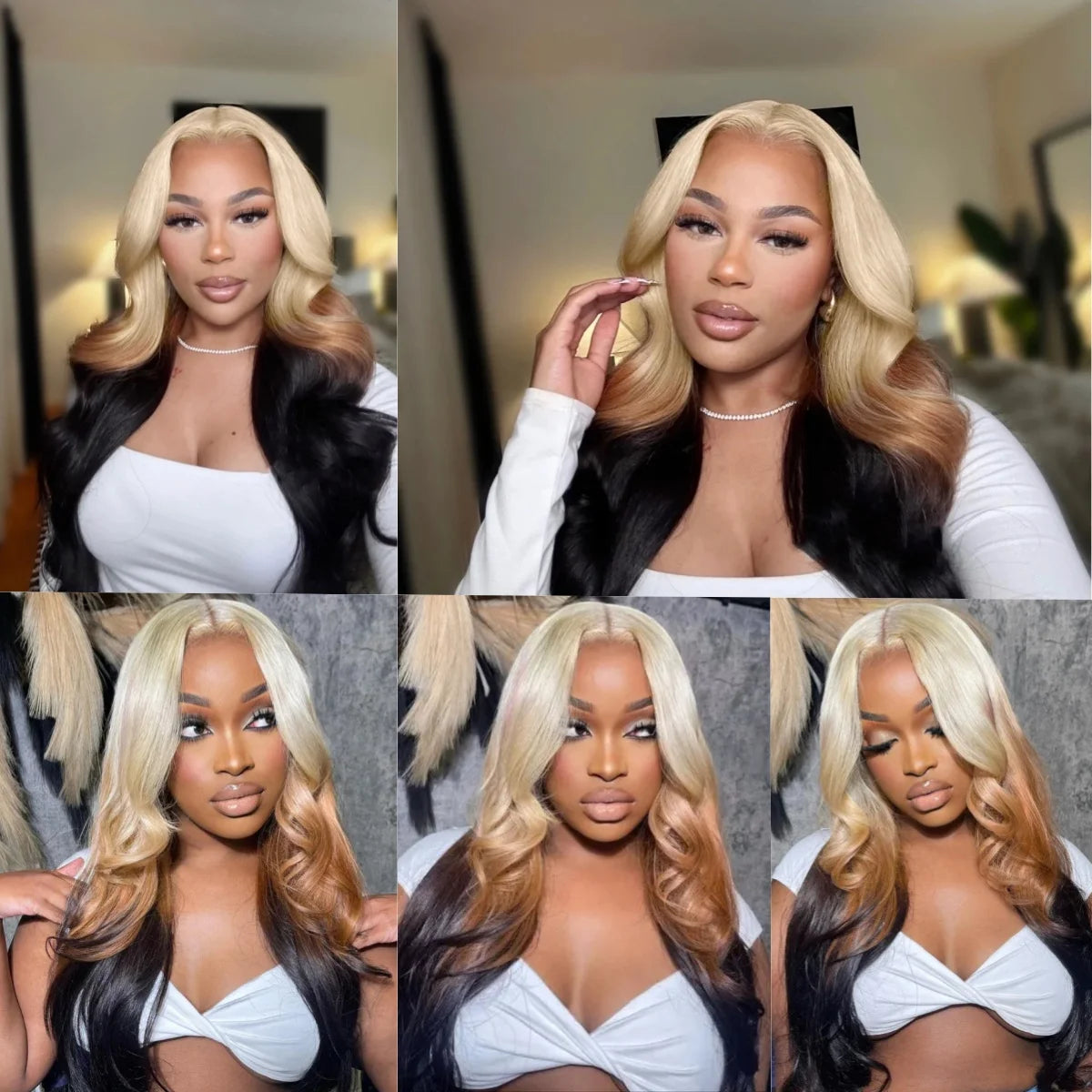Atikual Ombre 613 Blonde Brown Body Wave Human Hair Wigs with Bangs for Women