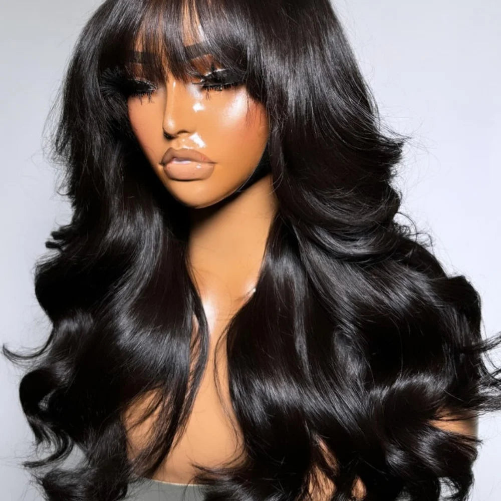 Atikual Throw & Go Body Wave Wig With Bangs Cost-Effective Human Hair Wig
