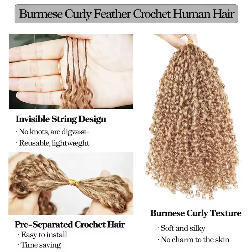 Atikual #27 Honey Blonde Burmese Curly Pre-Looped Crochet Human Hair Extensions for Natural Protective Styles