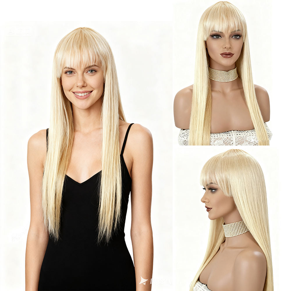 Atikual 613 Blonde Straight Top Lace Wig With Bangs & Natural Color Straight Glueless Human Hair Wig