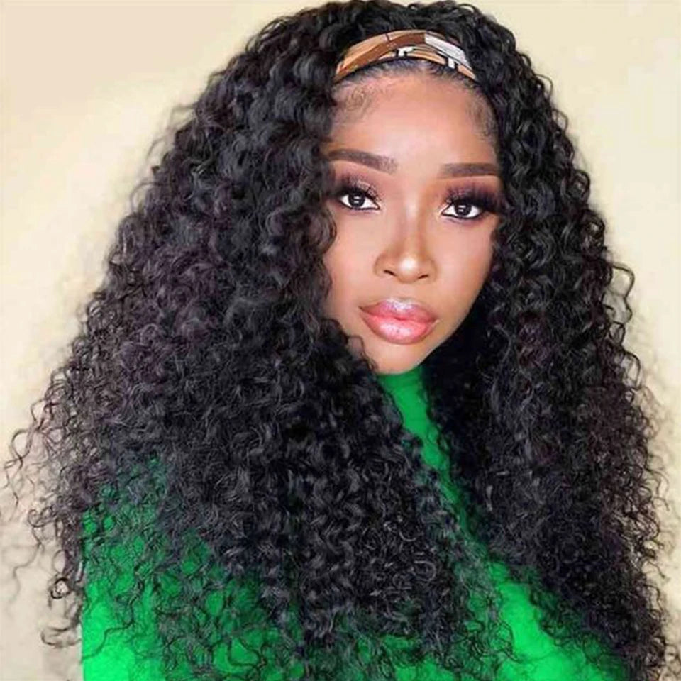 Atikual Kinky Curly Headband Wig, Shoulder Length Natural Look Wig