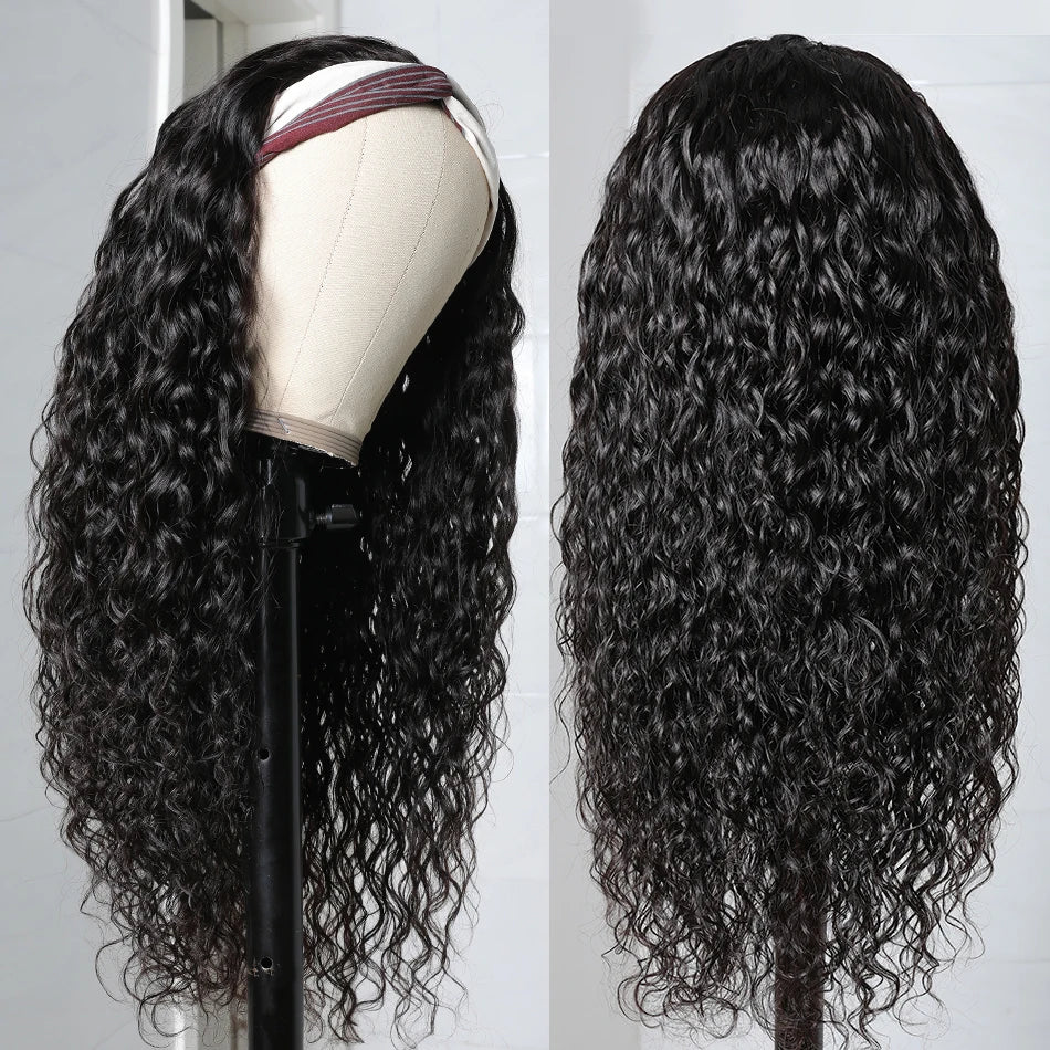 Atikual Water Wave Human Hair Headband Wig 180% Density Half Wig