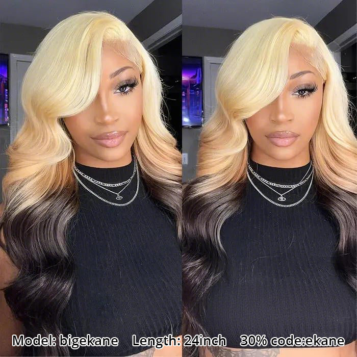 Atikual Ombre 613 Blonde Brown Body Wave Human Hair Wigs with Bangs for Women