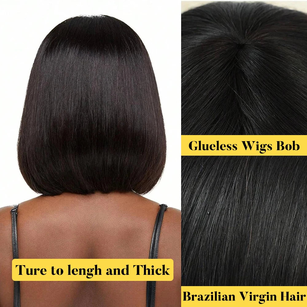 Atikual Straight Short Bob Wig Glueless Human Hair Wigs With Bangs For Women
