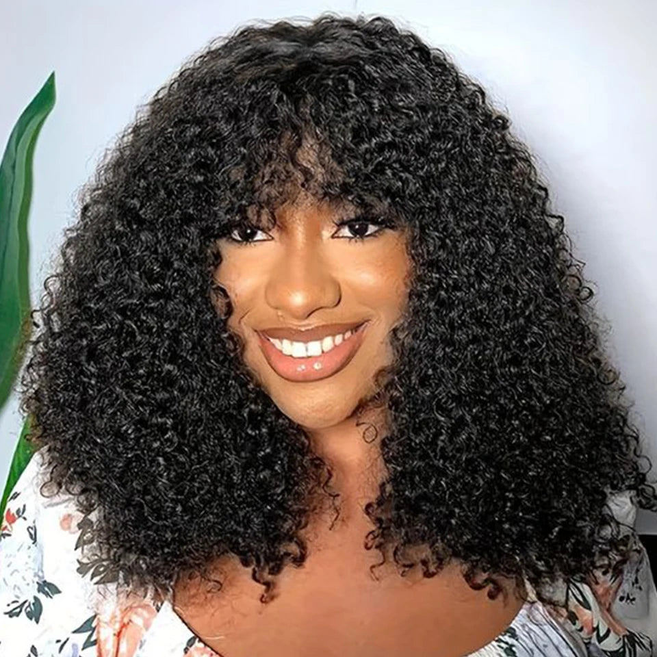 Atikual Put On To Go Jerry Curly Short Bob Glueless No Lace 100% Human Hair Wigs With Bangs