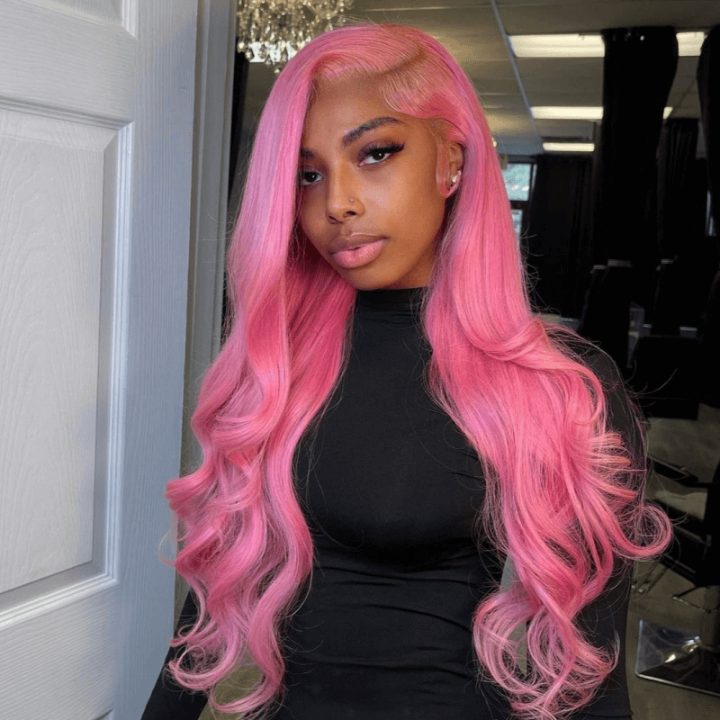 Atikual Professional Toned Pink Colored Body Wave Human Hair 13x6 Lace Front Wigs