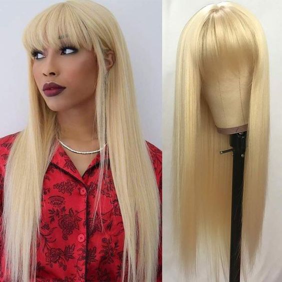 Atikual 613 Blonde Straight Top Lace Wig With Bangs & Natural Color Straight Glueless Human Hair Wig
