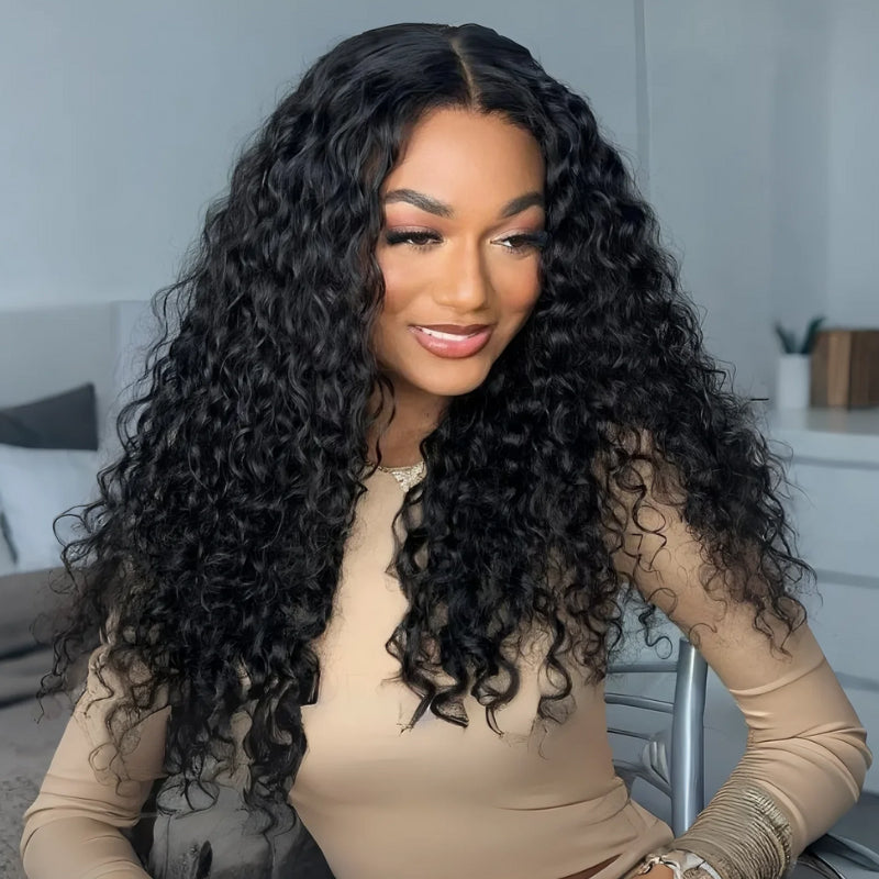 Atikual 13X6 Pre Everything Water Wave Glueless Invisible Drawstring HD Transparent Lace Wig 100% Human Hair