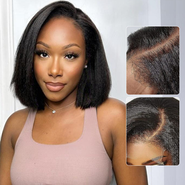 Atikual 4C Edges Hairline Kinky Straight 8×5 Pre-bleached Knots Natural Scalp 220% Density Short Bob Wig