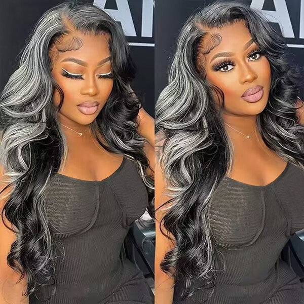 Atikual Grey Highlight With Black Color Body Wave 13x4 HD Lace Front Human Hair Wigs 180% Density