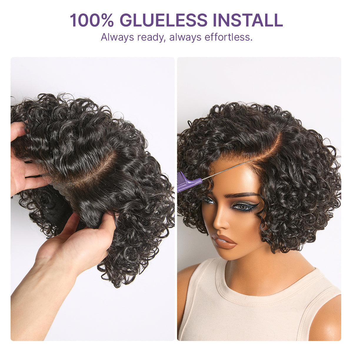 Atikual Natural Black / Brown Highlight Water Wave Pixie Cut Glueless Minimalist HD Lace Short Curly Wig