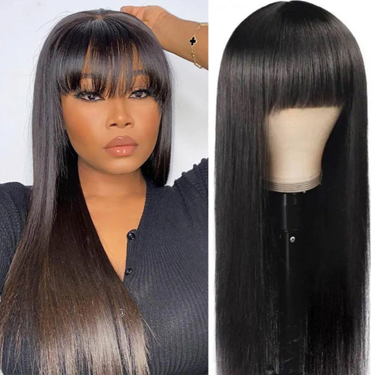Atikual Glueless Straight Transparent Top Lace Wig Pre Bleached Human Hair Wigs With Bangs