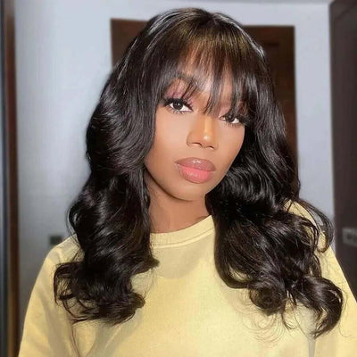 Atikual Throw & Go Body Wave Wig With Bangs Cost-Effective Human Hair Wig