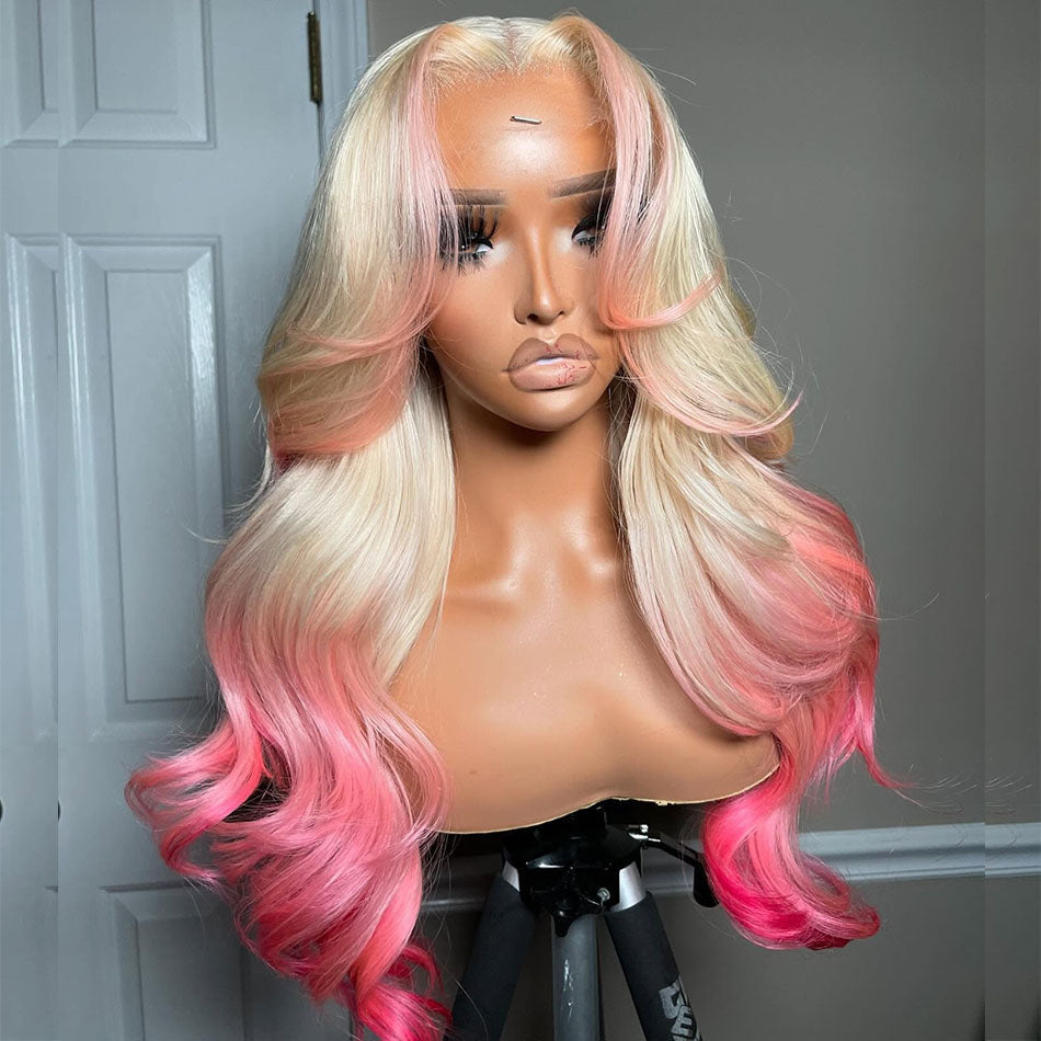 Atikual Professional Toned Ombre Pink 13x6 Lace Front Human Hair Body Wave Wig