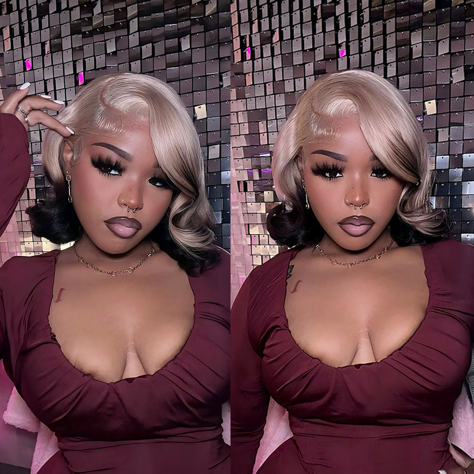 Atikual Fashion Gradient Color Ice Blonde With Black Bob Straight Virgin Hair Lace Wig Invisible Knots Hair