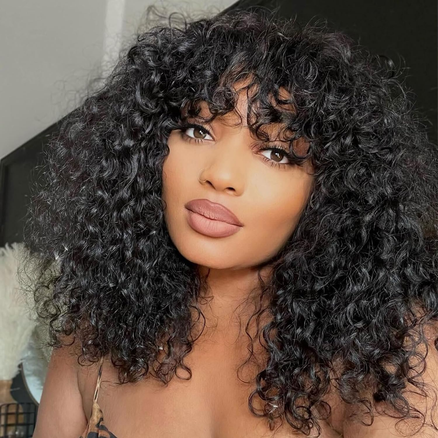 Atikual Put On To Go Jerry Curly Short Bob Glueless No Lace 100% Human Hair Wigs With Bangs